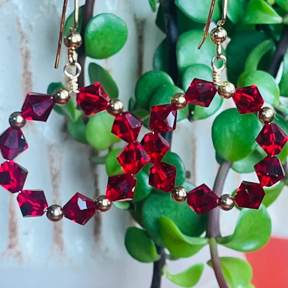 Swarovski Crystal Dangle Earrings| Red Crystal Hoop Earrings - Picture 8 of 9